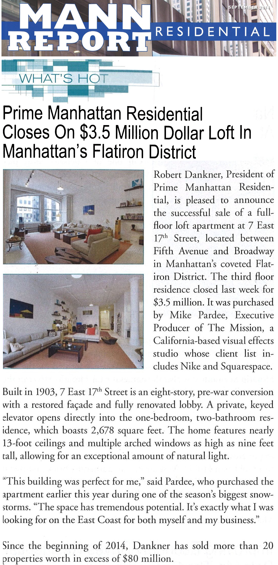 Prime Manhattan Residential Closes on 3.5 Million Dollar Loft in the Flatiron District part 1